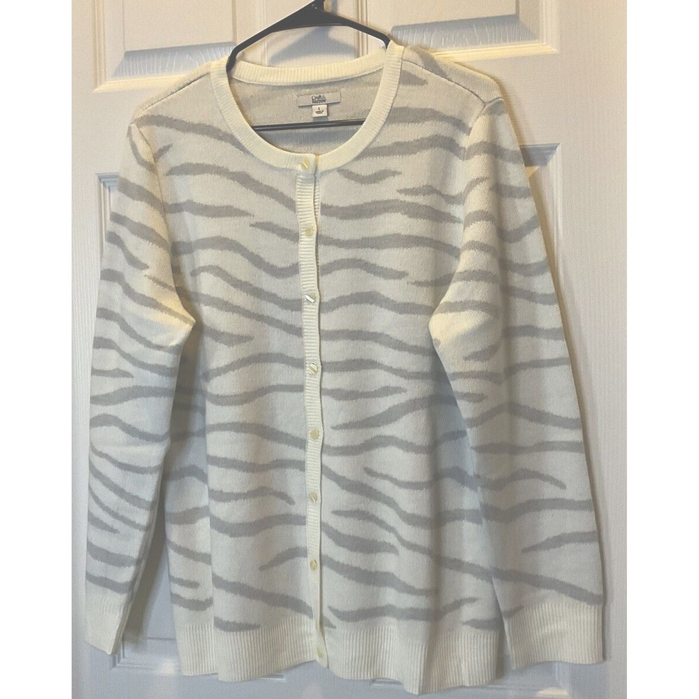 Croft And Barrow Women Cardigan L Zebra Animal Print Neutral Button Up Sweater N
